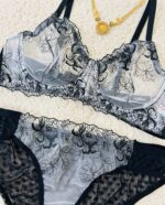 ست فنر دار اروپایی طوسی گلدوزی مشکی